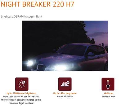 OSRAM H7 Night Breaker 220 Lampade alogene per auto + 220% potenza luminosa + 150 m Fascio lungo Luce originale 12 V 55 W Germania 64210NB220