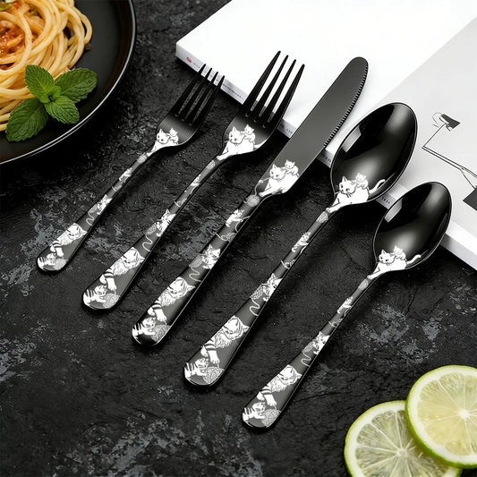 Set di posate in acciaio inossidabile con incisione laser Rose Cat, 4/15/25/40 pezzi, coltello, forchetta, cucchiaio, per coppie, stoviglie per feste