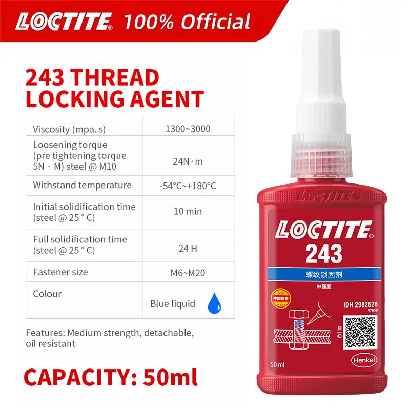 100% originale Loctite 243 242 222 262 263 270 271 277 290 Colla per viti 50ml Frenafiletti Colla anaerobica Fissatore per viti