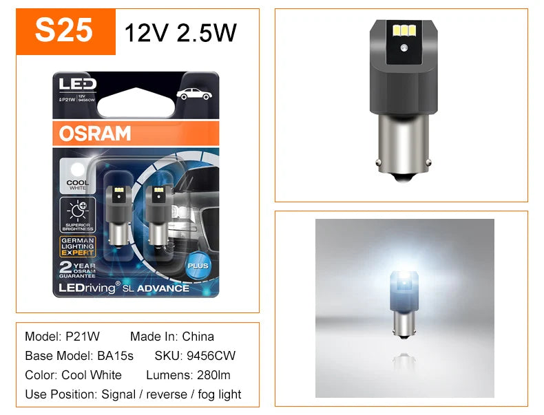 OSRAM Aggiornamento Luce di segnalazione a LED S25 P21W PY21W P21/5W LEDriving SL Advance 1156 1157 LED Lampadina fendinebbia per auto Posizione freno Lampada stop 2X