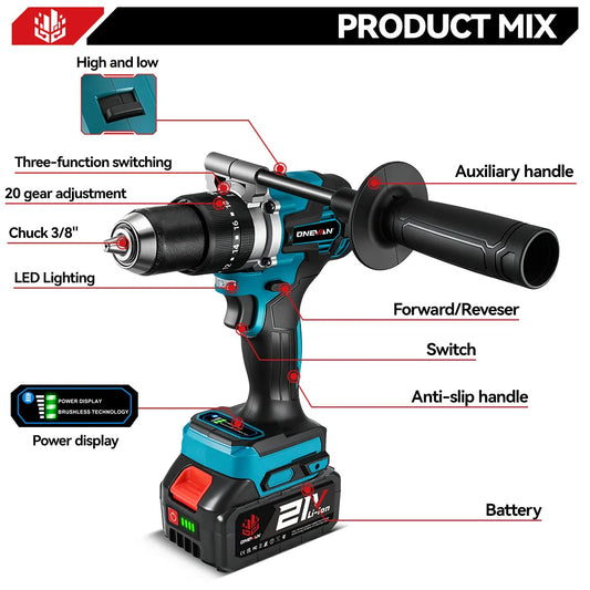 Trapano elettrico brushless ONEVAN 1500W, avvitatore a batteria, martello perforatore per lavorazione del legno, utensile elettrico compatibile con batteria Makita 18V.
