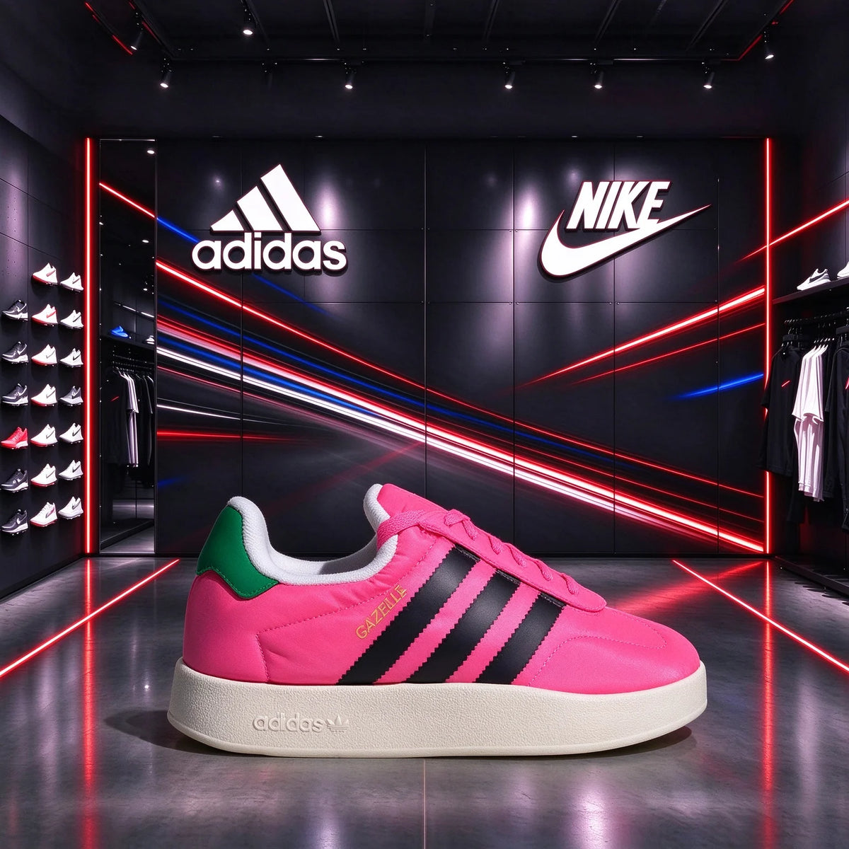 Sneakers Adidas Originals con suola spessa, in nylon rosa lucido e tacco a contrasto, scarpe casual con plateau, modello IE1433.