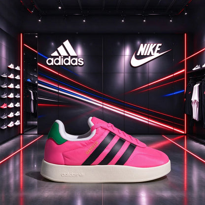 Sneakers Adidas Originals con suola spessa, in nylon rosa lucido e tacco a contrasto, scarpe casual con plateau, modello IE1433.