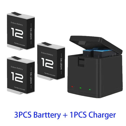Batteria per GoPro Hero 12 11 10 9 Motion Camera, batteria ricaricabile da 1800mAh, caricatore a 3 slot con luce LED, custodia per GoPro