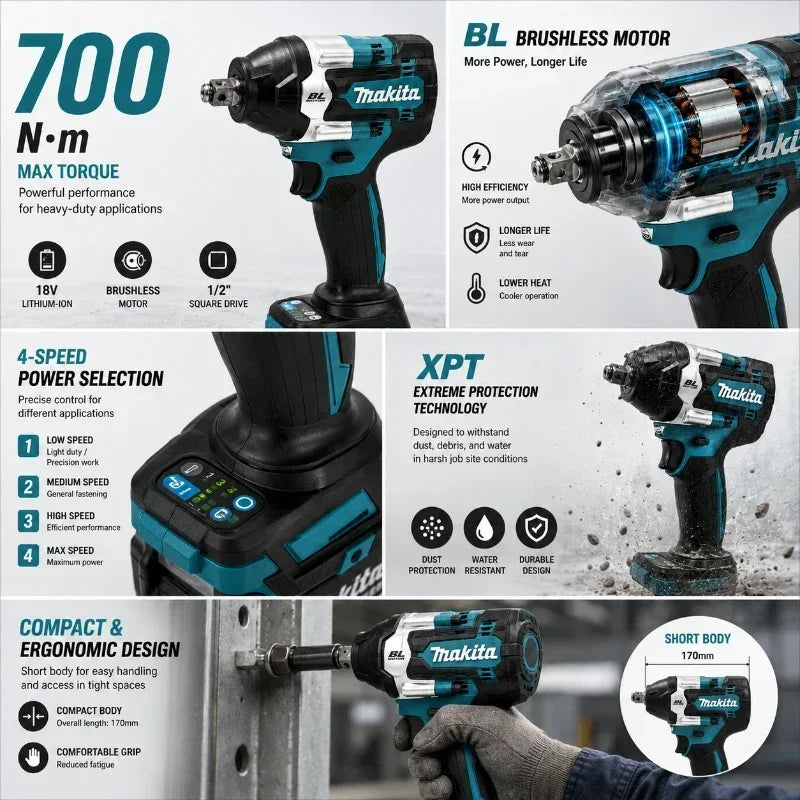 Avvitatore a impulsi Makita DTW700 18V senza fili, brushless, 700 Nm, professionale, con attacco quadrato da 1/2 pollice, velocità variabile, Auto-Stop, compatibile con batterie Makita LXT BL1830 BL1840 BL1850 BL1860B - Maga