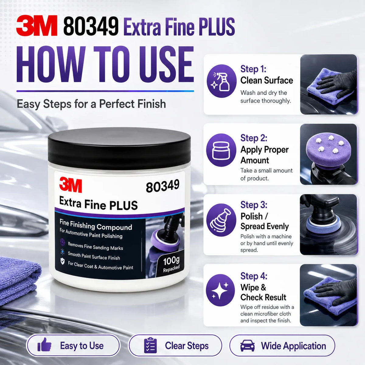 Composto Lucidante Professionale 3M 80349 Extra Fine Plus per Vernice Auto, Rimozione Graffi Sottili, Dettagliatura Finitura Trasparente, 100g Riconfezionato