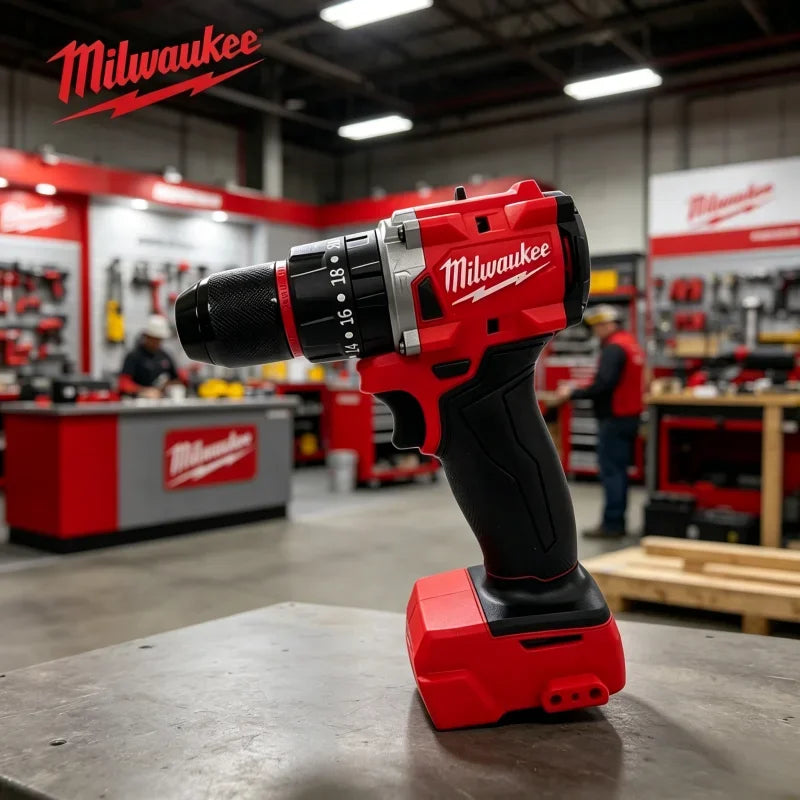 Trapano a percussione compatto Milwaukee M18, 100% senza spazzole, motore leggero ad alta potenza, ideale per la foratura quotidiana di metallo e legno.