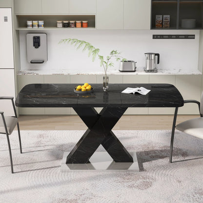 Tavolo da pranzo rettangolare moderno da 120 cm-160 cm, piano da tavolo in marmo nero stampato estensibile + gamba da tavolo a forma di X in MDF con base in metallo