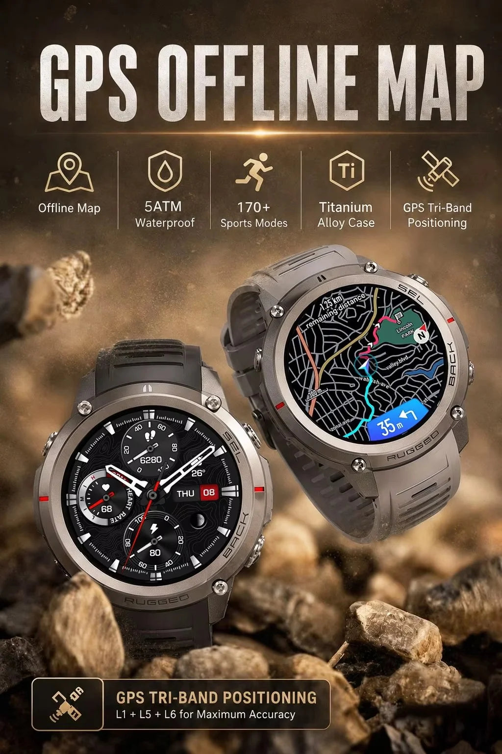 2026 NUOVO Smartwatch con Mappe Offline per Uomo, Display AMOLED HD da 1,43 Pollici, GPS Esterno Integrato, Bussola, Altimetro, Impermeabile 5ATM, Orologio Sportivo per Nuoto, Ciclismo e Corsa