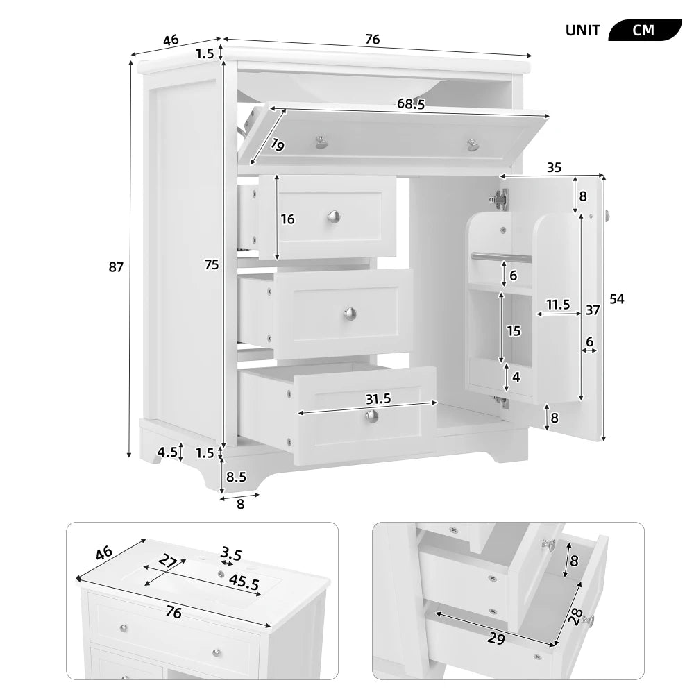 Mobiletto da bagno 76x46x87 cm con lavabo Mobiletto inferiore Cassetto a basso rumore Guida Telaio per porta Cassetto pieghevole Lavello in ceramica Lavabo in ceramica Lavaggio in ceramica