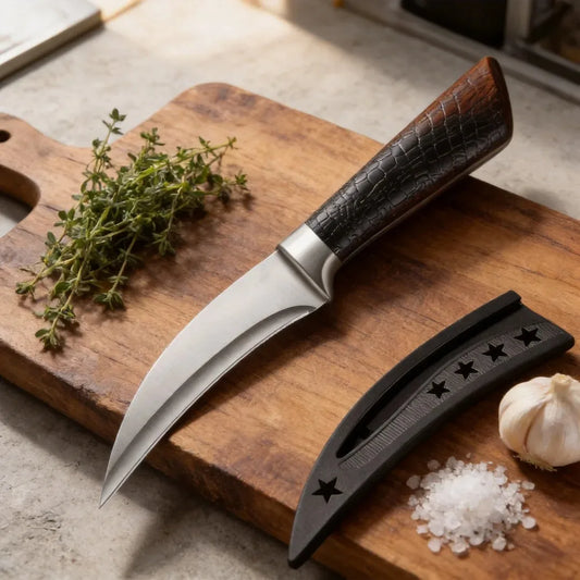 Coltello da cucina professionale in acciaio inossidabile. Coltello affilato per tagliare carne e verdure. Manico antiscivolo con fodero.