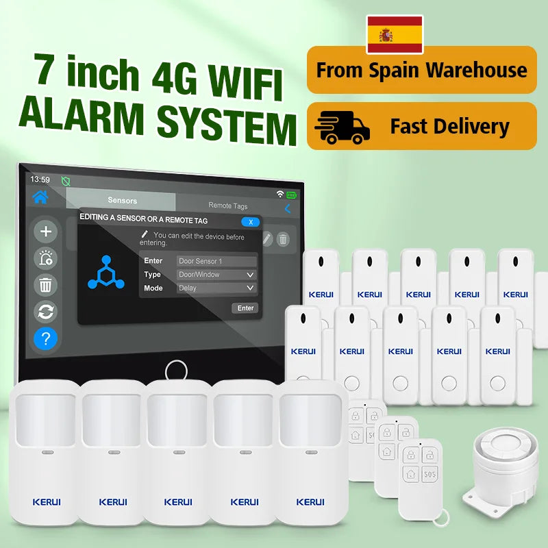 Consegna veloce KERUI Tuya WiFi + 4G Set di sistemi di allarme domestico con touch screen da 7 pollici dal magazzino ES Protezione di sicurezza dell'allarme G70
