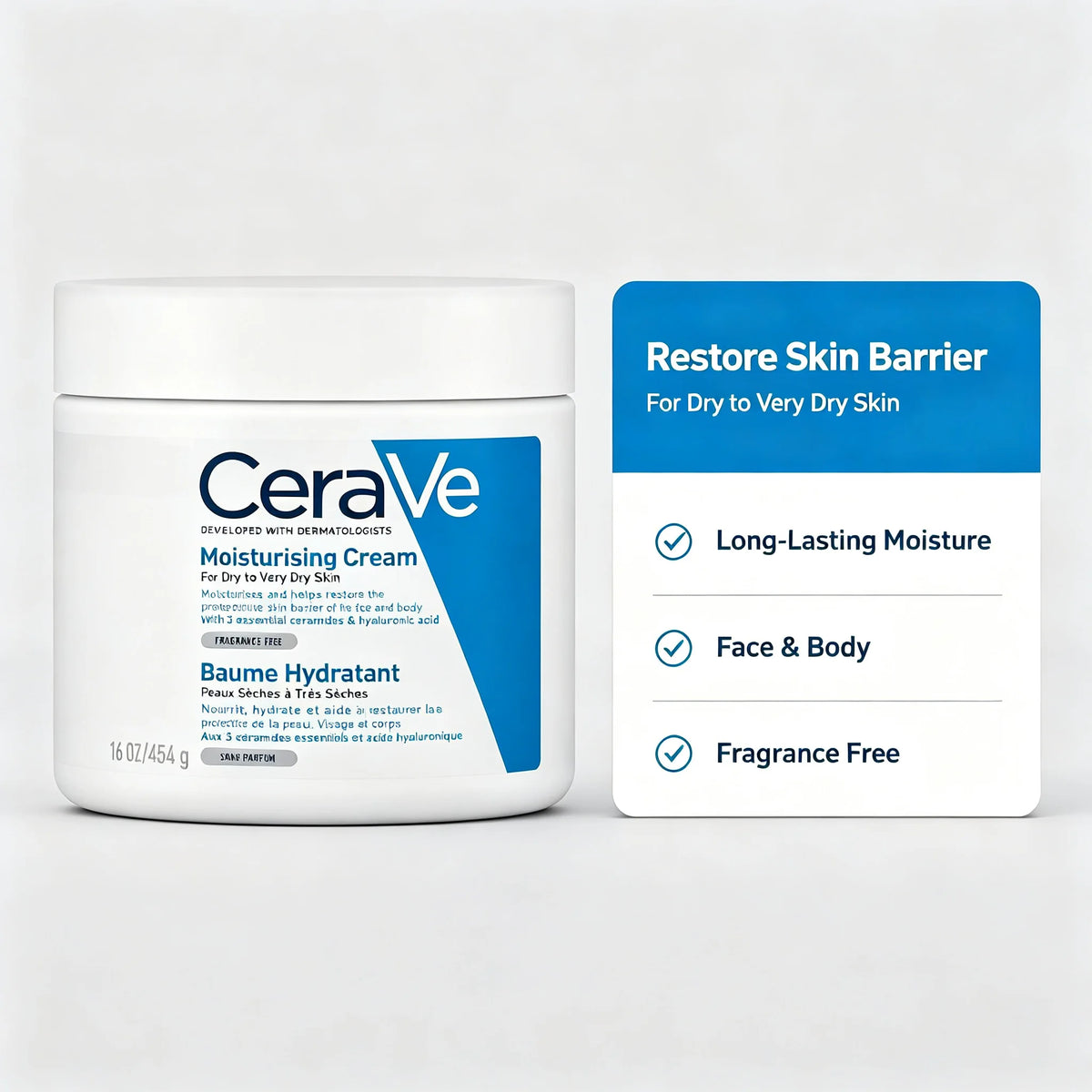 CeraVe, crema nutriente per la pelle, 454 g, formulata da dermatologi, idratante a lunga durata per pelli molto secche.