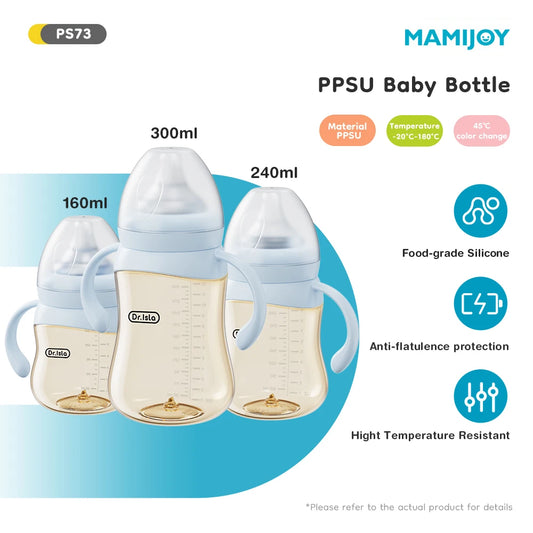 MAMIJOY Biberon 160/240/300ml a bocca larga con manico, scala termocromatica, tappo concavo, biberon per neonati, SENZA BPA e BPS PS73
