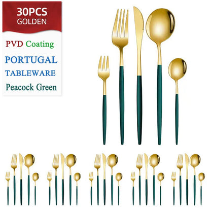 Set di posate dorate da 30 pezzi in acciaio inossidabile, coltelli, forchette, cucchiai, set di stoviglie per banchetti, ristoranti e ospiti