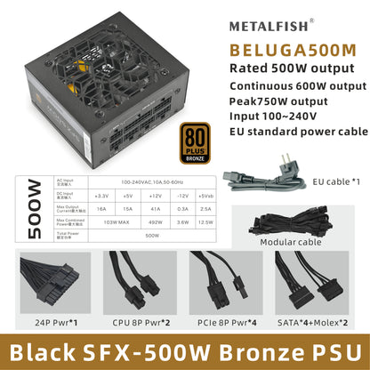 METALFISH SFX 80Plus Bronzo 500/600W PSU Nero Alimentatore Full-Modular per Mini ITX Chassis Piccolo Computer Case Ingresso 100/240V