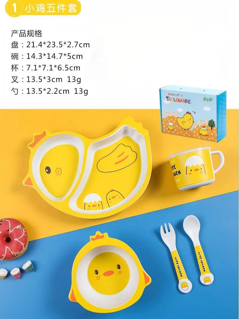 Set di stoviglie in fibra di bambù con pollo simpatico cartone animato: piatto, ciotola, forchetta, cucchiaio per uso domestico, pasti per bambini piccoli, svezzamento del bambino, quotidiano