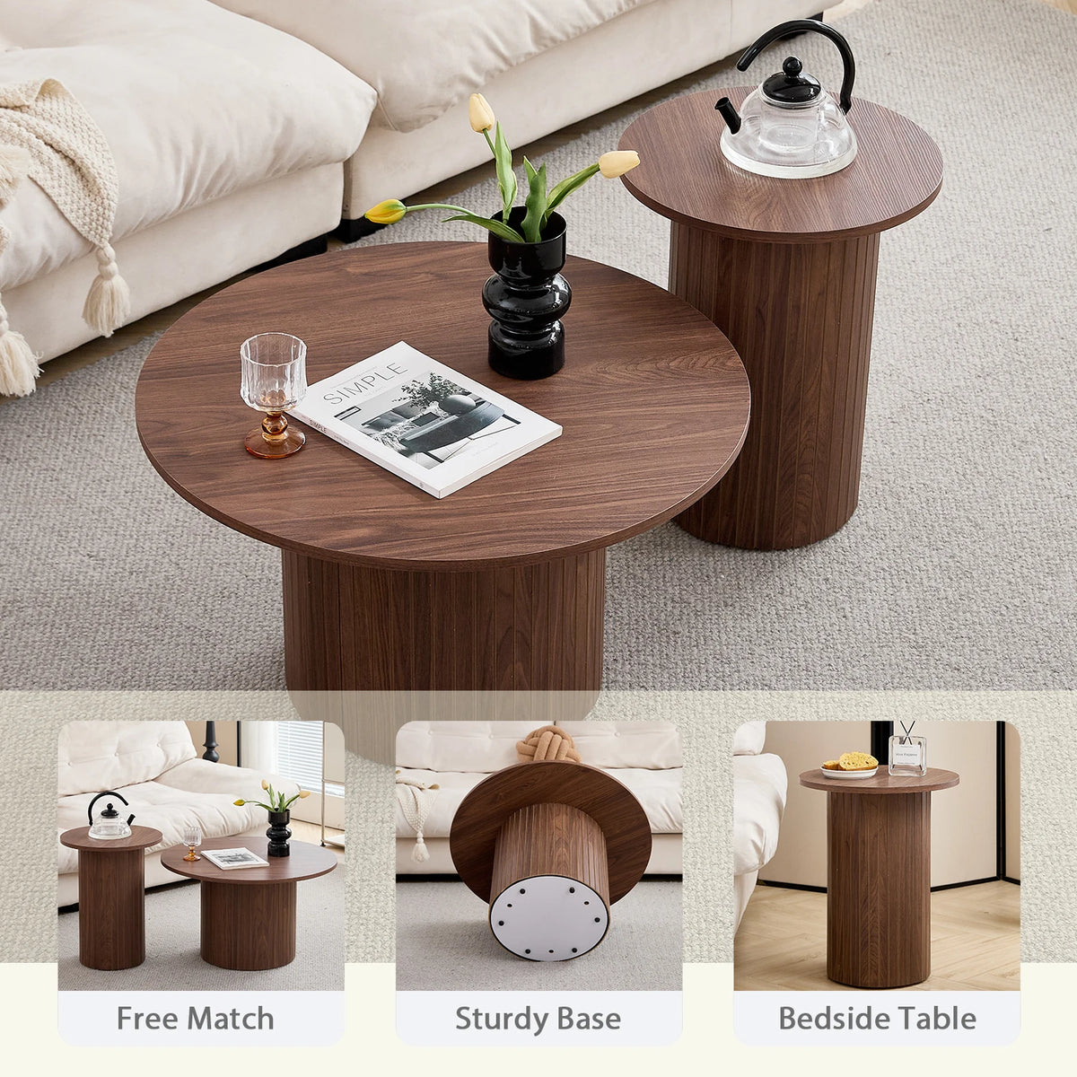 Set di 2 tavolini rotondi in legno in stile nordico, tavolino da caffè impilabile in legno, per mobili da soggiorno/camera da letto