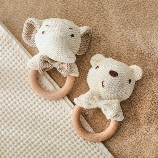 Giocattoli a sonaglio per bambini Orso carino Giocattoli animali all'uncinetto Cartone animato Massaggiagengive in legno Culla mobile per bambini Prodotto Giocattoli a sonaglio neonato in legno