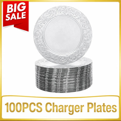 Set da 100 sottopiatto, sottopiatto rotondo, piatti da portata riutilizzabili, sottopiatto da 13 pollici per piatti da portata, ideale per matrimoni, feste ed eventi, design con fondo incavato stabile, elegante decorazione pr
