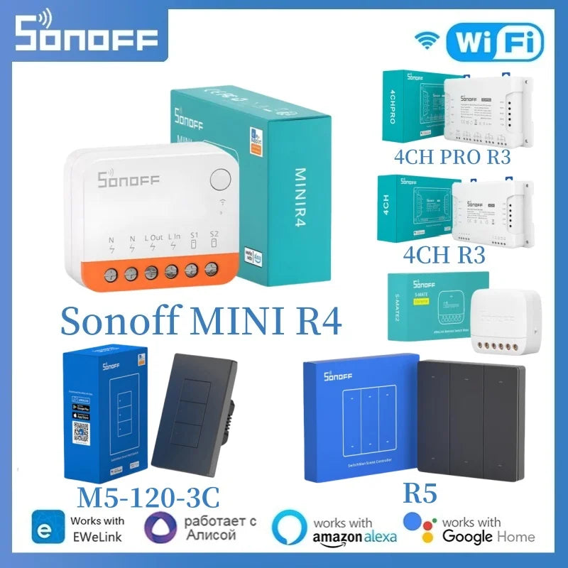 Sonoff MINI R4 Sonoff R5 Sonoff 4CH Pro R3 4CH R3 S-mate WiFi Smart Switch Switchman M5 Sonoff NINIR4 tramite EWeLink Google