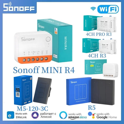 Sonoff MINI R4 Sonoff R5 Sonoff 4CH Pro R3 4CH R3 S-mate WiFi Smart Switch Switchman M5 Sonoff NINIR4 tramite EWeLink Google