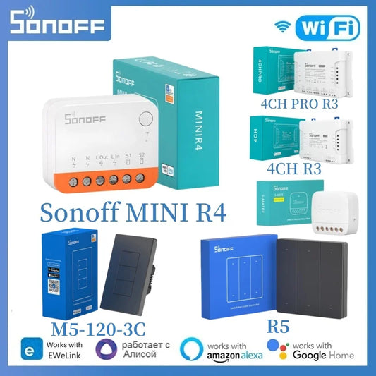 Sonoff MINI R4 Sonoff R5 Sonoff 4CH Pro R3 4CH R3 S-mate WiFi Smart Switch Switchman M5 Sonoff NINIR4 tramite EWeLink Google