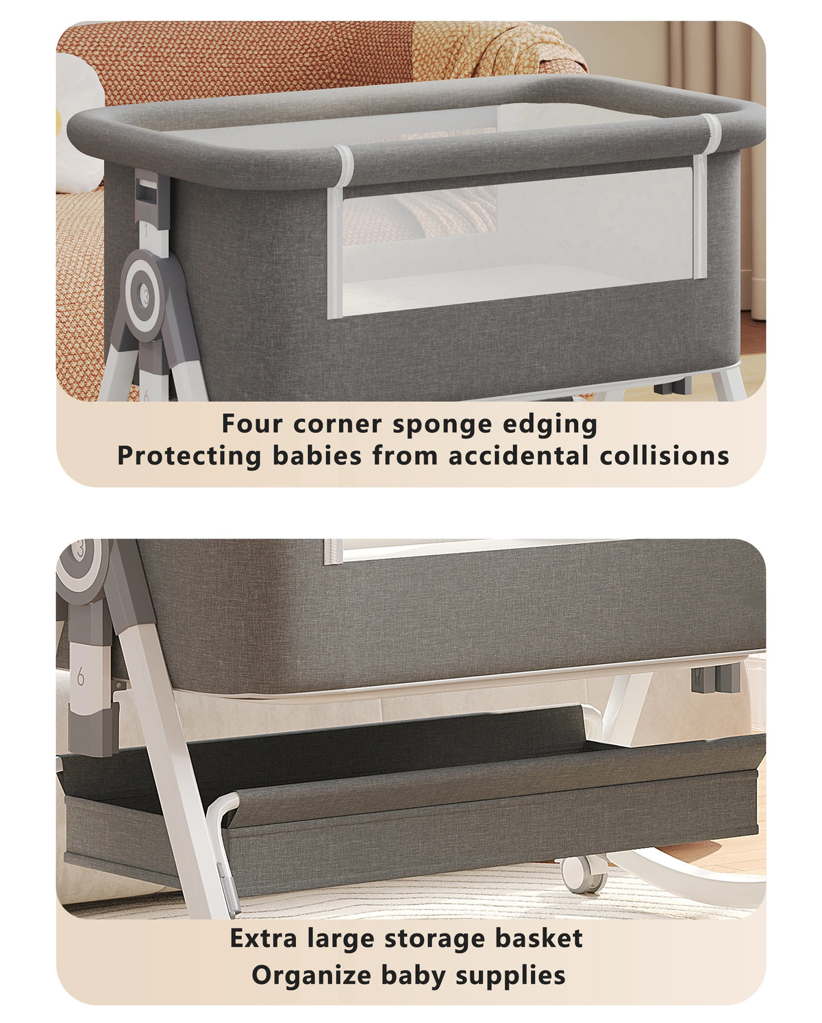 Culla combinata 3 in 1 per neonati, lettino da affiancare al letto, box per bambini, ruote girevoli, altezza regolabile, con materasso confortevole e zanzariera