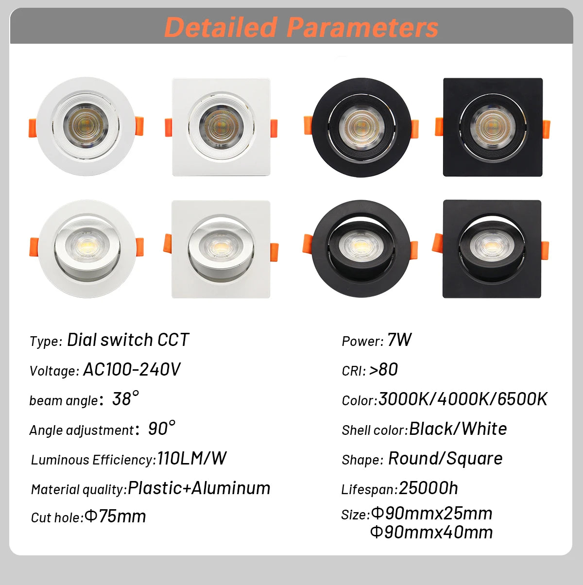 Faretto Orientabile 7W con Regolazione Colore 3000K 4000K 6000K, Illuminazione CCT 7W, Sostituzione Downlight per Illuminazione Direzionale Domestica (1-10 Pezzi)