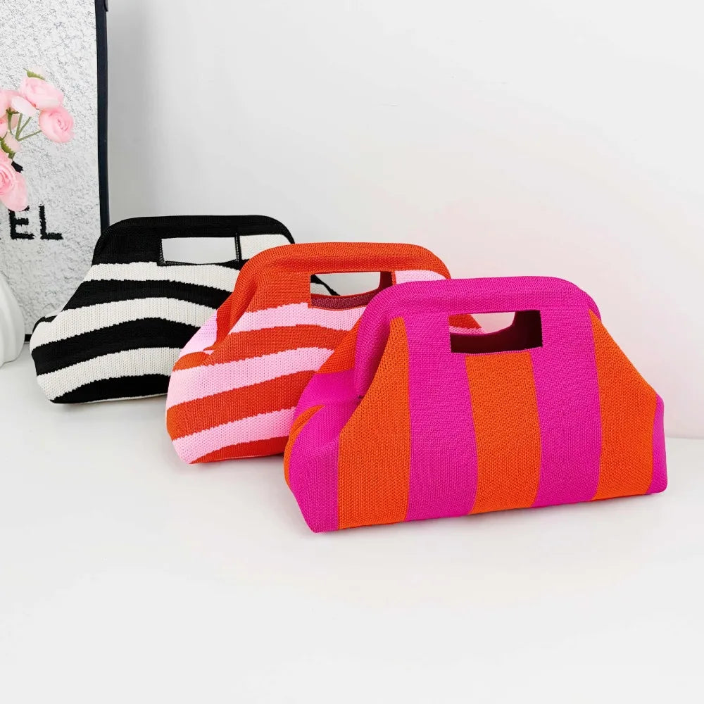 Nuova borsa intrecciata traforata a righe, borsa a mano in maglia, versatile borsa portatile per cosmetici