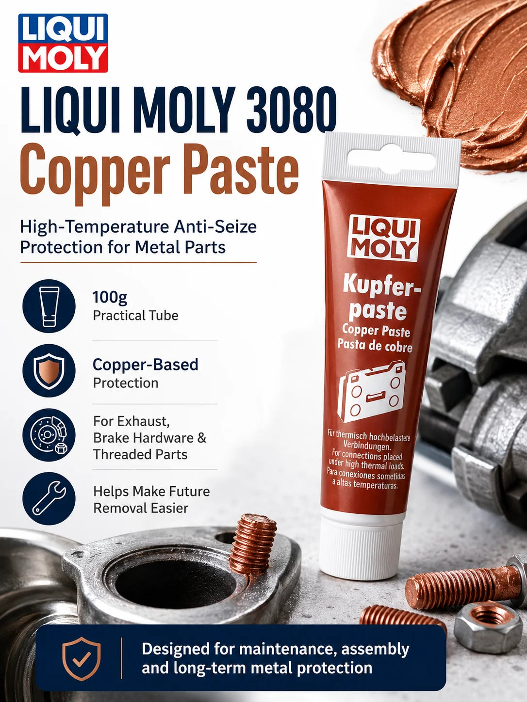 LIQUI MOLY 3080 Pasta di Rame 100g, Grasso Lubrificante Antiaderente ad Alta Temperatura per Bulloni di Scarico, Filettature di Candele, Parti del Freno