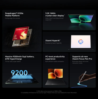 Xiaomi Pad 8 Pro Versione Globale, Tablet con display da 11.2 pollici 3.2K 144Hz, processore Snapdragon 8-core ® Mi Pad 8 Elite con fotocamera posteriore da 50MP e batteria da 9200mAh