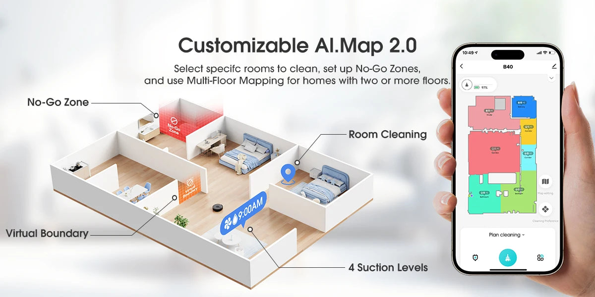 Lubluelu B40 Robot Aspirapolvere e Lavapavimenti, Aspirazione Potente 5800Pa, 180 Minuti di Autonomia, Controllo APP, Mappatura Intelligente, 34 Zone Proibite