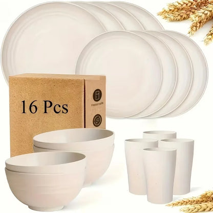 Set di Stoviglie in Plastica da 16/32 Pezzi, Include Piatti Piani, Piattini da Dessert, Ciotole e Tazze, per Uso Domestico e Ristorazione
