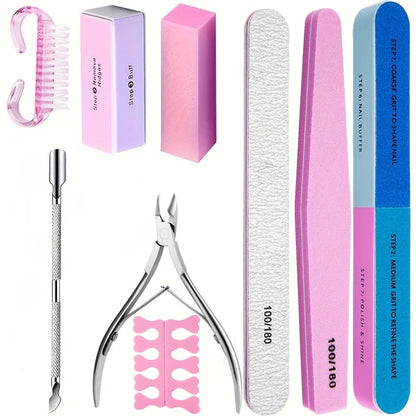 Kit Professionale per Nail Art da 10/15 Pezzi con Lime Grana 100/180, Spugna Buffer, Pennello, Forbici, Tronchesine per Cuticole, Spingicuticole, Strumenti per Gel Polish