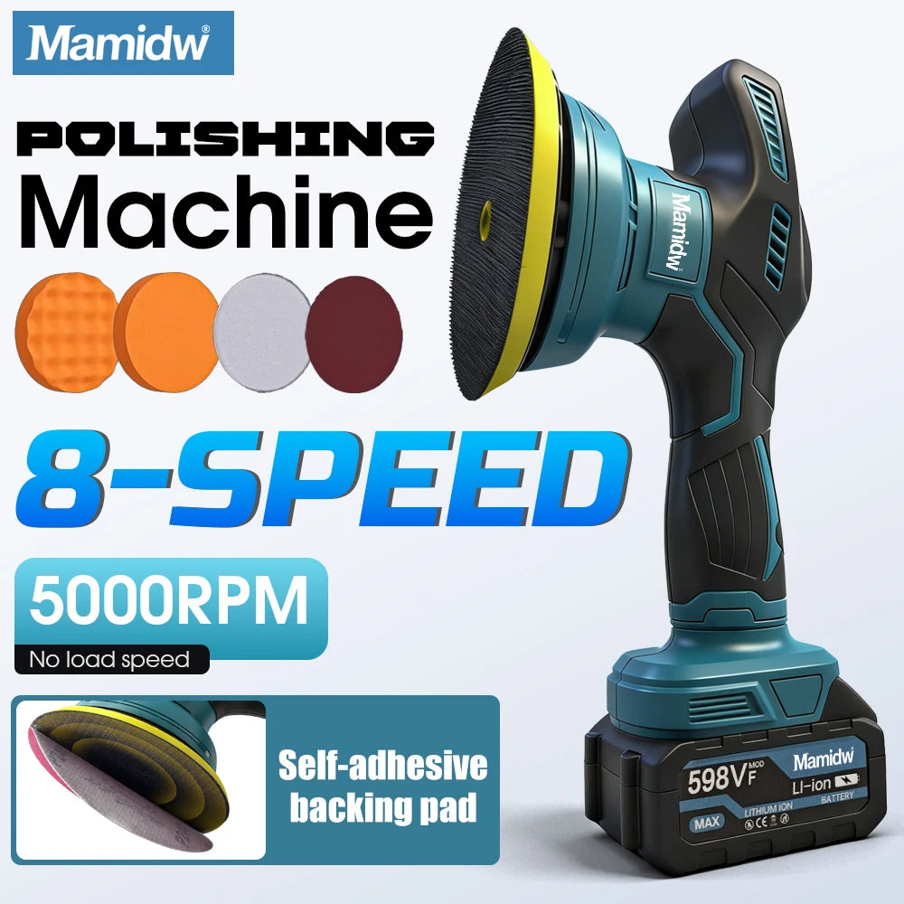 Lucidatrice Senza Fili Mamidw, 8 Velocità Variabili Max 5000 Giri/min, Lucidatrice Portatile per Auto con Platorello Autoadesivo, 4 Tamponi Lucidanti per Dettagli Auto, Ceratura e Lucidatura, Compatibile con Batteria Makita