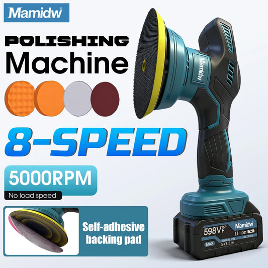 Lucidatrice Senza Fili Mamidw, 8 Velocità Variabili Max 5000 Giri/min, Lucidatrice Portatile per Auto con Platorello Autoadesivo, 4 Tamponi Lucidanti per Dettagli Auto, Ceratura e Lucidatura, Compatibile con Batteria Makita