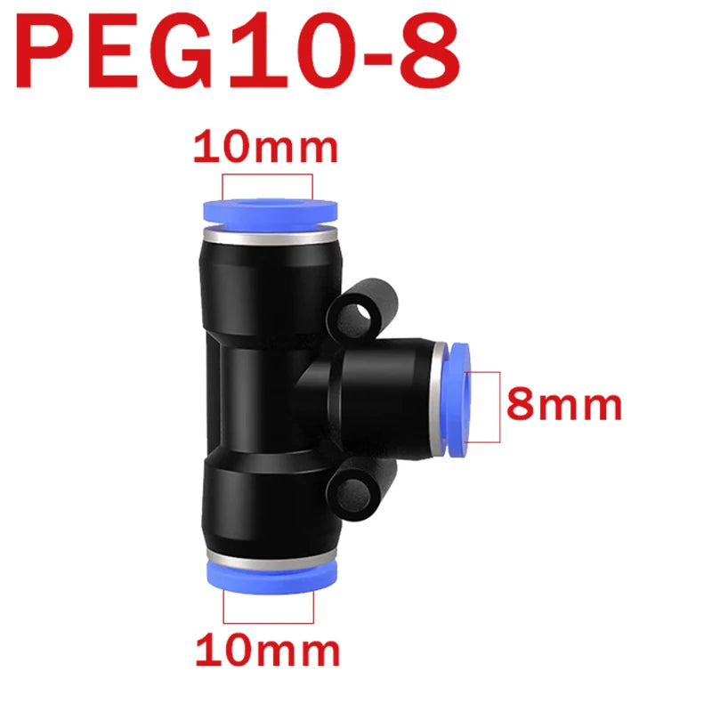 10 pz. Connettore pneumatico PE PEG, raccordo rapido a T riduttore a 3 vie, tubo in plastica, connettore per tubo da 4/6/8/10/12 mm