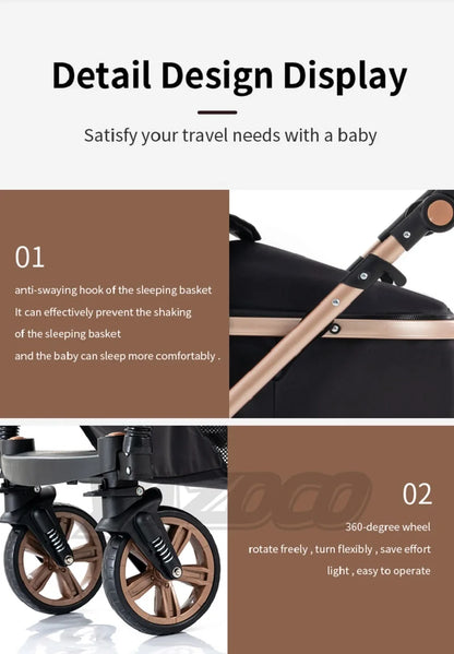 Passeggino 3 in 1 Facile da piegare Telaio in alluminio ad alto paesaggio Passeggino neonato con ruota in gomma per assorbimento degli urti a quattro ruote
