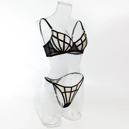 Saldi di liquidazione: Completi intimo sexy a quadri irregolari, 2 pezzi, con inserti in rete trasparente, reggiseni e perizomi, abiti erotici intimi