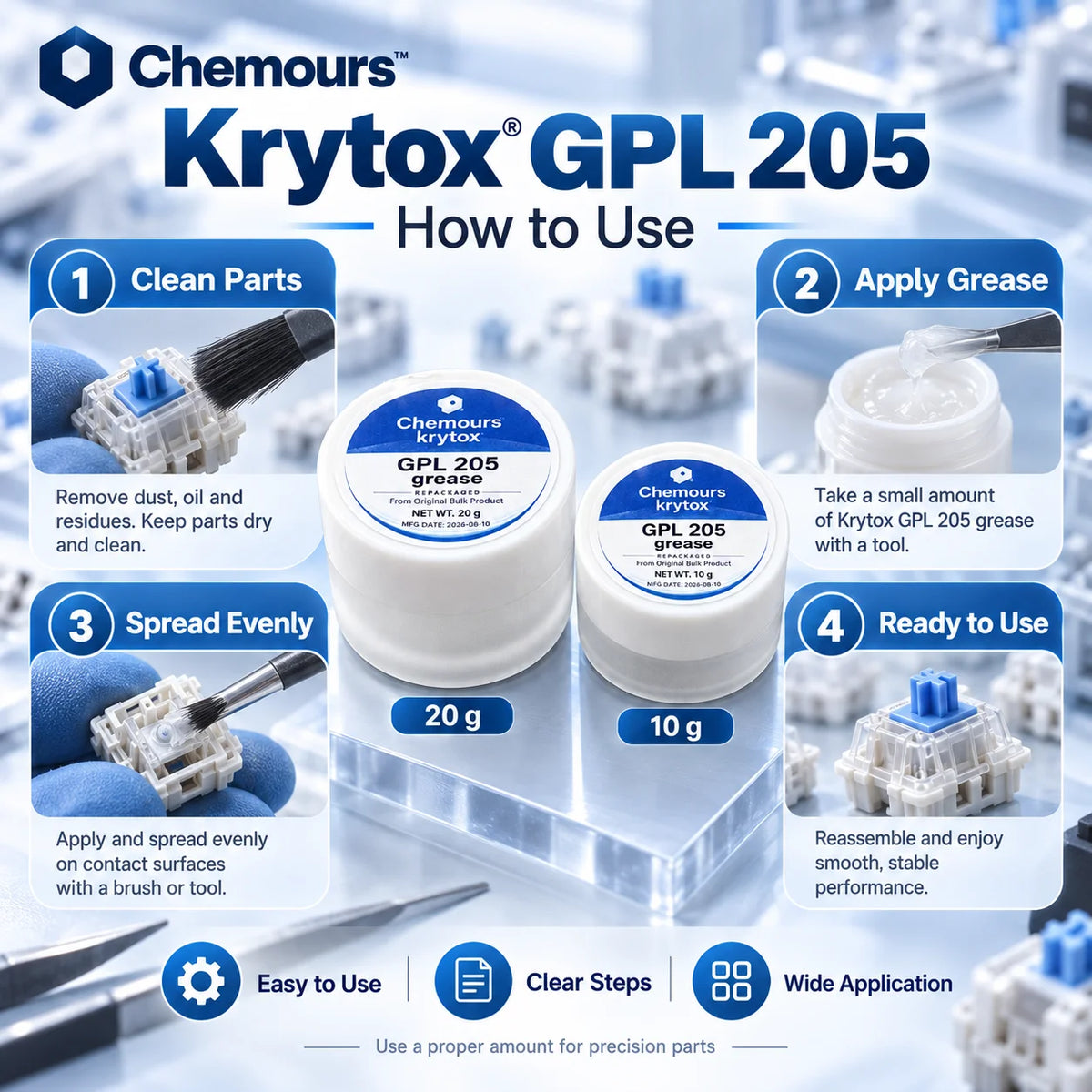 Olio Krytox GPL105 e Grasso GPL205, Lubrificante PFPE per Switch di Tastiere Meccaniche e Stabilizzatori, 10g 20g