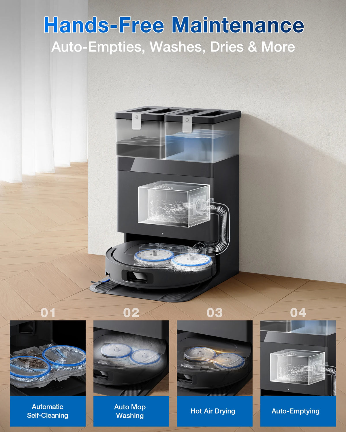 Robot aspirapolvere e lavapavimenti ECOVACS DEEBOT T30e OMNI, non si impiglia sui peli di animali domestici, autonomia di 180 minuti, silenzioso (64 dB), aspirazione da 25000 Pa, base con sistema di svuotamento automatico.