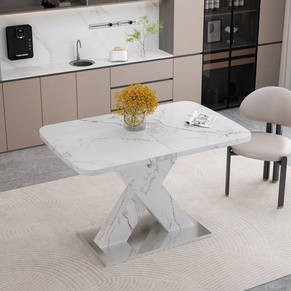 Tavolo da pranzo rettangolare moderno da 120 cm-160 cm, piano da tavolo in marmo nero stampato estensibile + gamba da tavolo a forma di X in MDF con base in metallo