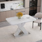 Tavolo da pranzo rettangolare moderno da 120 cm-160 cm, piano da tavolo in marmo nero stampato estensibile + gamba da tavolo a forma di X in MDF con base in metallo