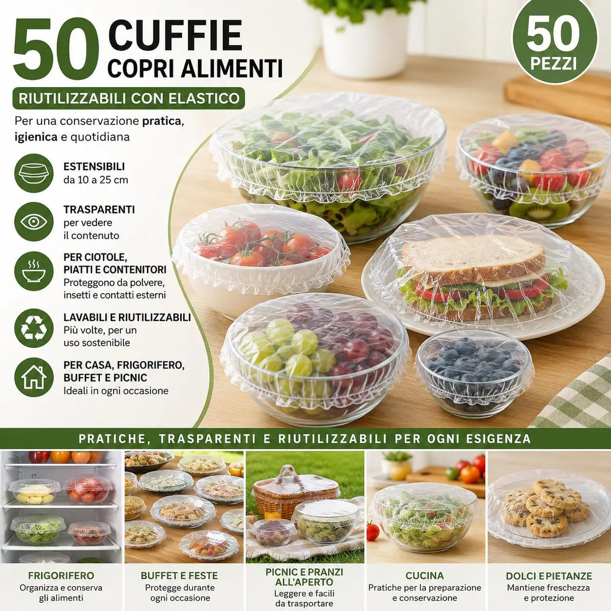 50 Cuffie Copri Alimenti Riutilizzabili con Elastico – Copri Vivande Trasparenti Estensibili 10-25 cm per Ciotole, Piatti e Contenitori, Conservazione Cibi in Casa, Frigo e Buffet