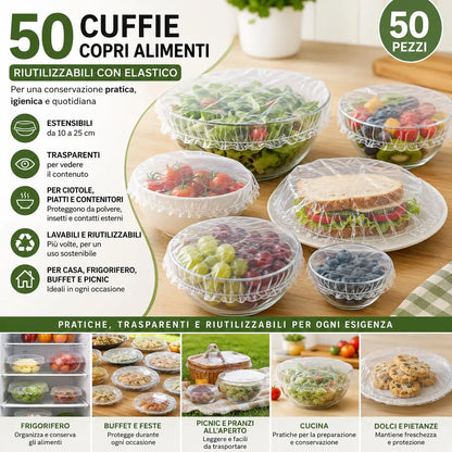 50 Cuffie Copri Alimenti Riutilizzabili con Elastico – Copri Vivande Trasparenti Estensibili 10-25 cm per Ciotole, Piatti e Contenitori, Conservazione Cibi in Casa, Frigo e Buffet