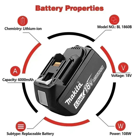 Batteria Makita 18V 6Ah, con indicatore di carica, batteria ricaricabile Makita, BL1830 BL1840 BL1850, batteria per elettroutensili, spedizione dalla Polonia