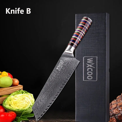 Coltelli da Cucina Professionali WXCOO in Acciaio Damascato con Scatola, Coltello Giapponese per Affettare, Coltello Domestico per Frutta e Verdura, Coltello da Disosso a 67 Strati