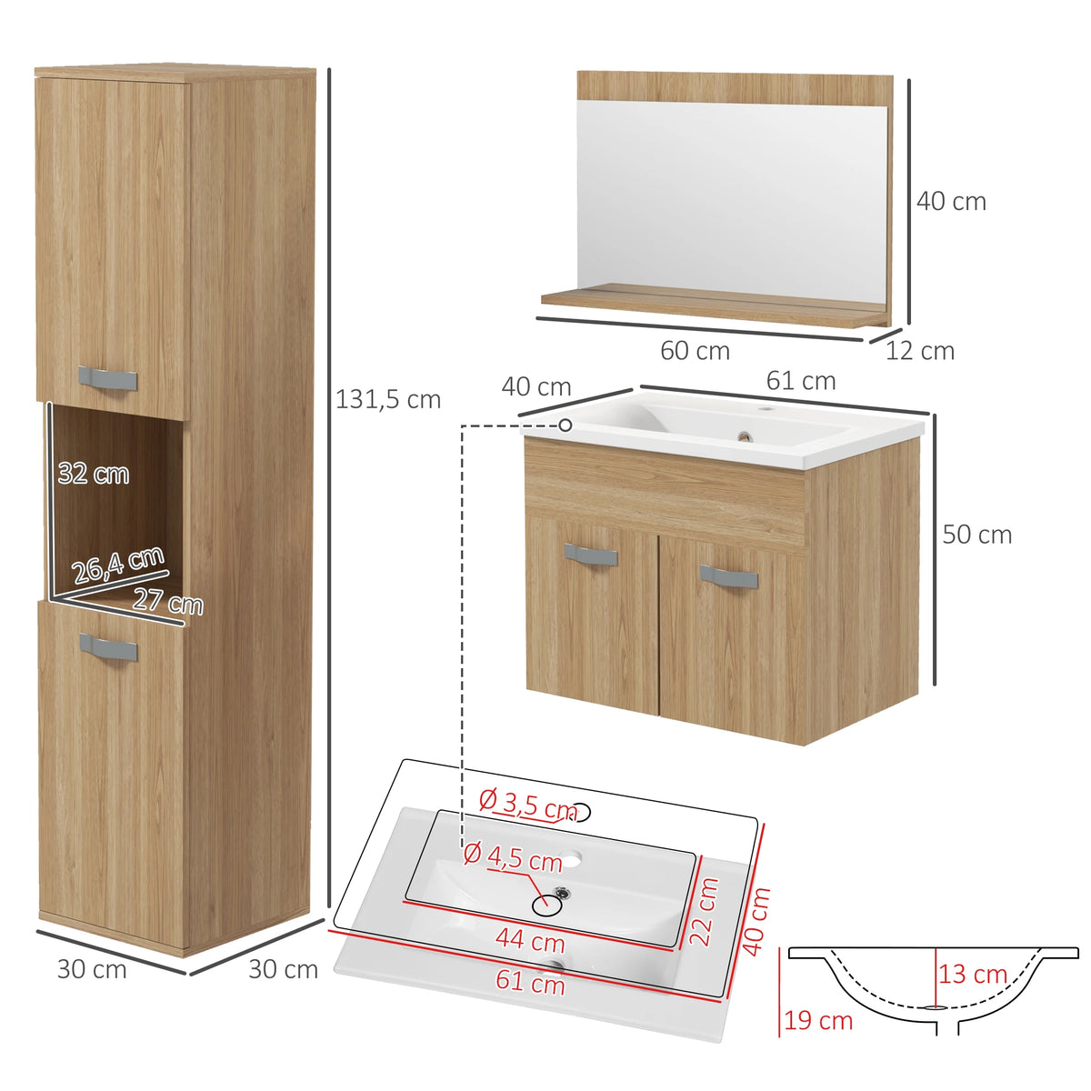 Set da bagno 4 pezzi con mobiletto alto, specchio, lavabo e lavello a parete, finitura naturale