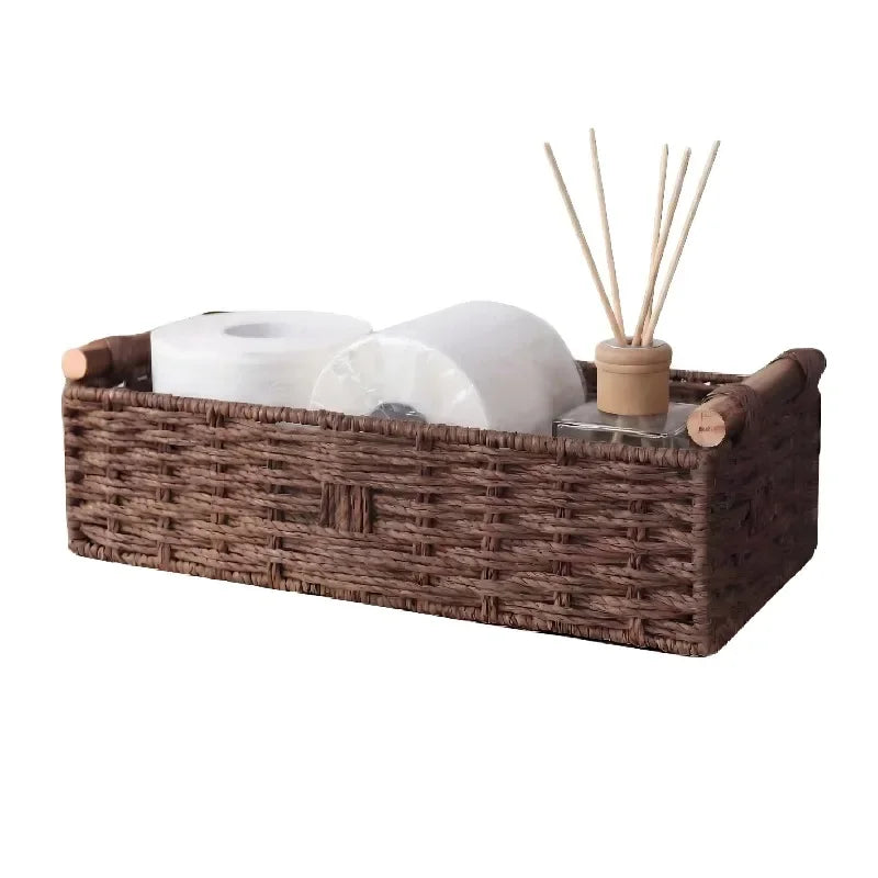 Cesto portaoggetti in legno massello con manico in corda di carta intrecciata in stile forestale, organizer per la cura del bagno e del lavabo, cesti da ripiano